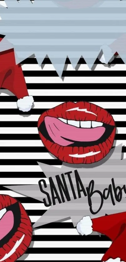 Pop art wallpaper with Santa hats, red lips, and striped background.