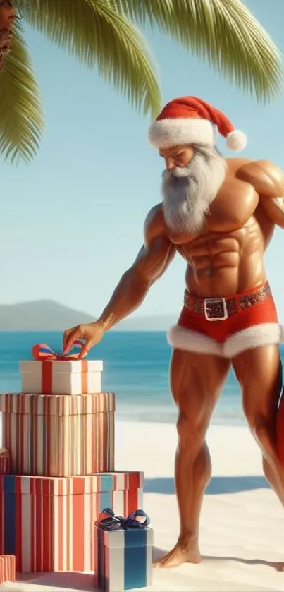 Santa Claus in red outfit on a tropical beach with gift boxes under a palm tree.