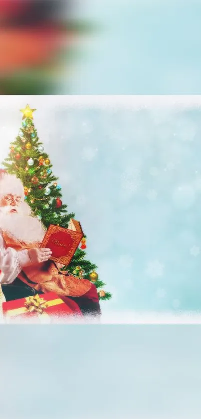 Santa reading by a Christmas tree with gift boxes, against a snowy backdrop.