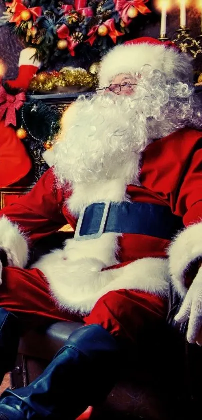 Festive Santa Claus sitting by a decorated fireplace.