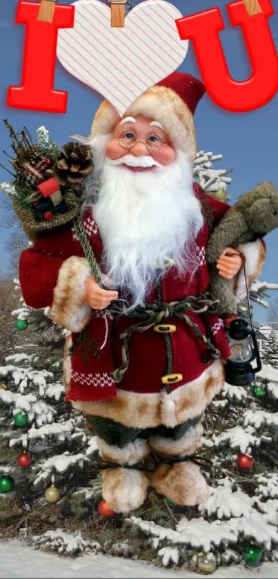 Santa Claus in front of a decorated Christmas tree with 'I Love U' sign.