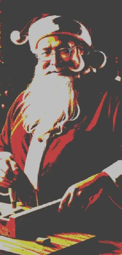 Santa Claus in his traditional costume, holding a toy with a festive holiday background.