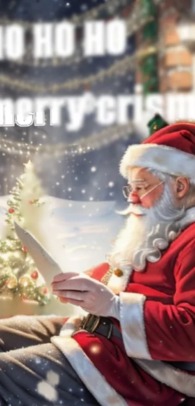 Santa Claus reading letter near festive Christmas tree.