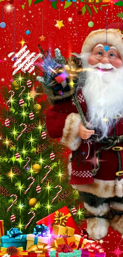 Santa Claus with Christmas tree and gifts in festive red wallpaper.