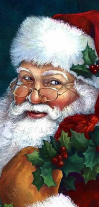 Illustrative Santa Claus with holly leaves on a mobile wallpaper.