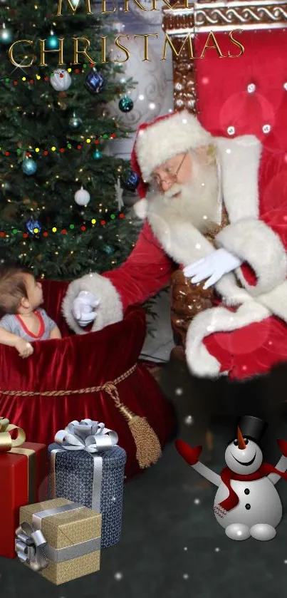 Santa Claus with baby, Christmas tree, and gifts.