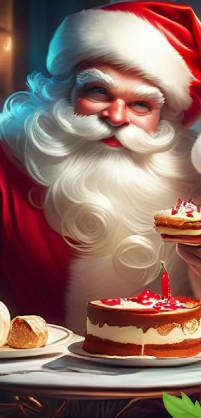 Santa Claus enjoying cake with Christmas decorations in a festive setting.