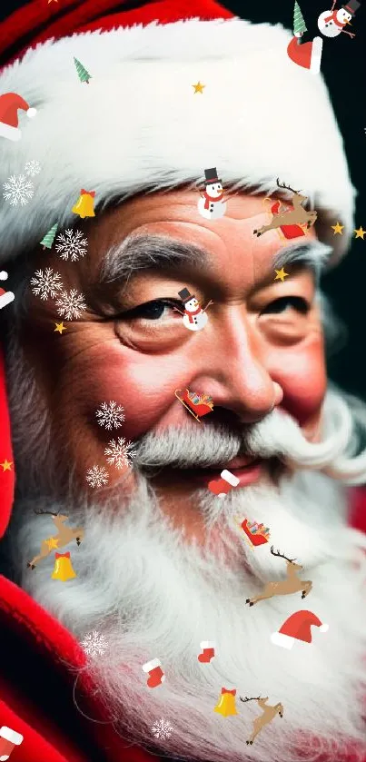 Close-up of a smiling Santa Claus in red and white attire.