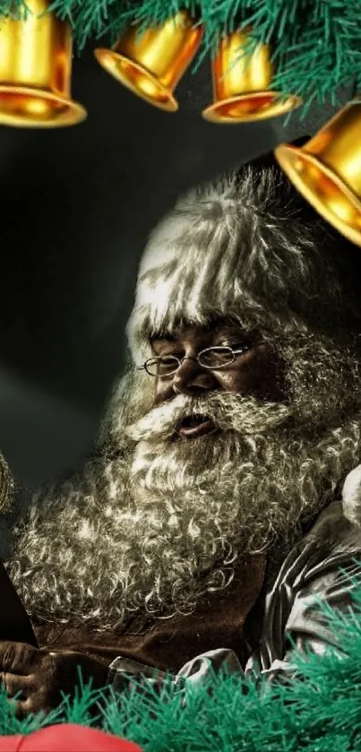Santa Claus with festive decorations in mobile wallpaper.