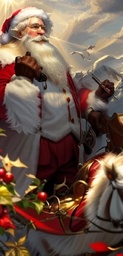 Santa Claus in a festive snowy scene with a sleigh and winter backdrop.