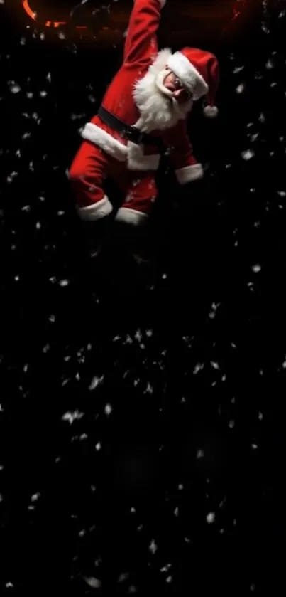 Santa Claus hanging amidst falling snowflakes on a mobile wallpaper.