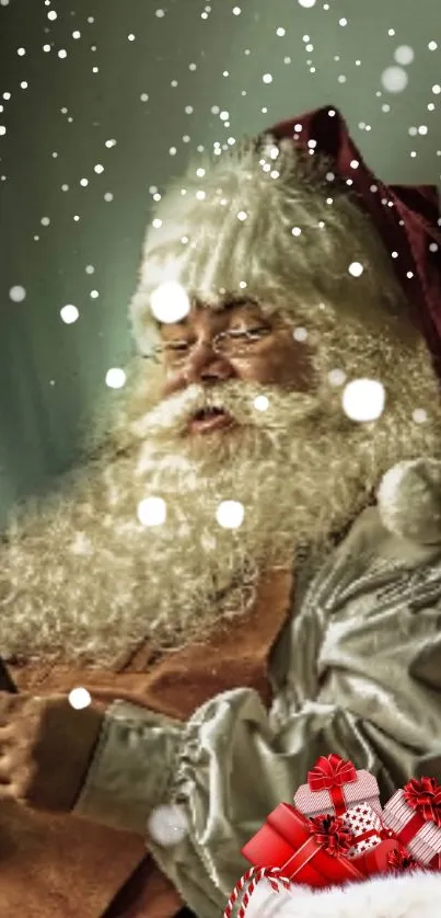 Festive Santa Claus wallpaper with gifts and snowflakes for mobile.