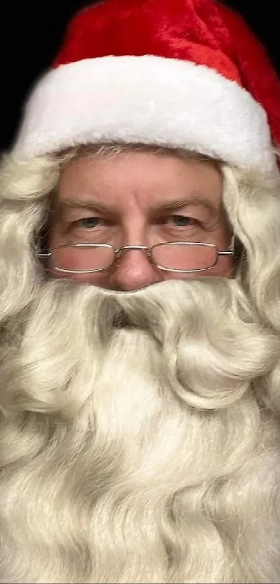 Santa Claus with festive hat and beard on a black background.