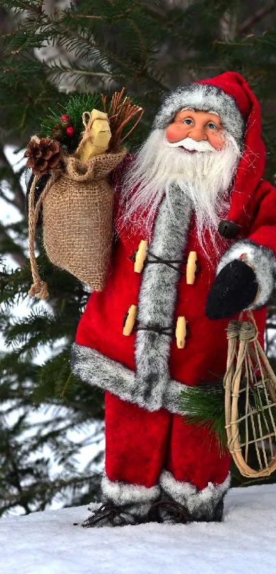 Santa Claus in red suit holds gifts in a snowy forest.