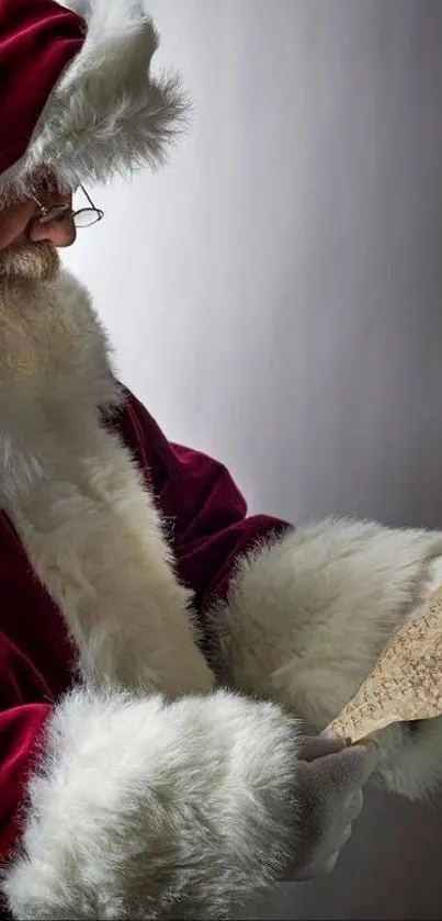 Santa Claus in red suit holding a letter, festive holiday theme.