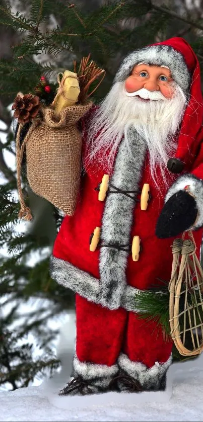 Santa Claus figure in red suit holding gifts in a snowy forest setting.