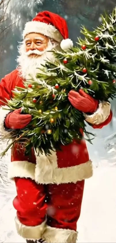 Santa Claus holding a Christmas tree in a snowy forest.