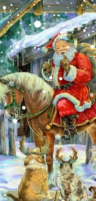 Santa Claus on a horse with reindeer in a snowy setting.