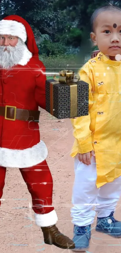 Santa Claus with gift and child in festive clothing.