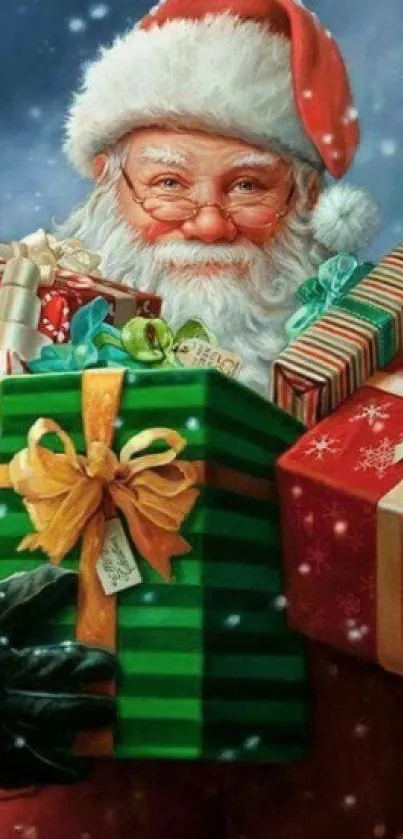 Santa Claus holding vibrant gifts in a cheerful winter setting.