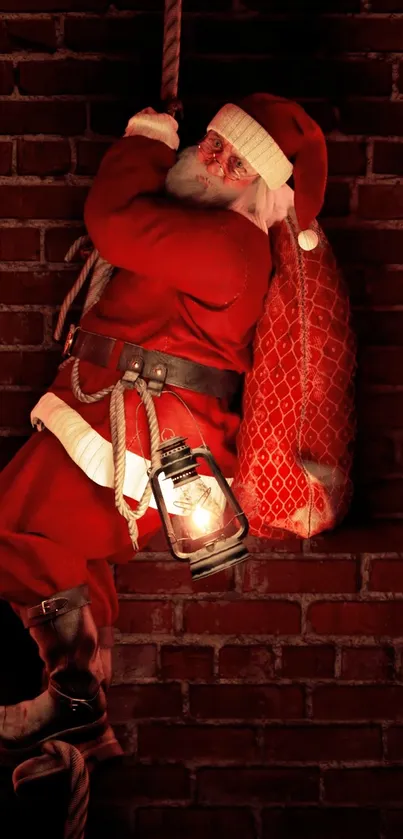 Santa Claus climbing a dimly lit brick wall with a lantern.