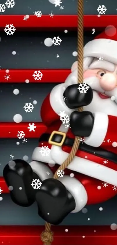 Santa Claus climbing with snowflakes in a festive wallpaper.