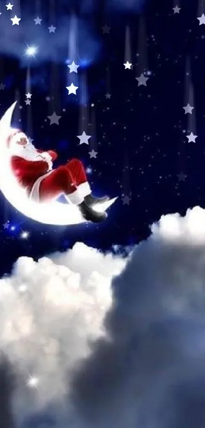 Santa Claus resting on a crescent moon in a starry, cloud-filled night sky.