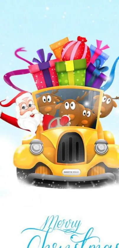 Santa and reindeer driving gift-filled car, Christmas-themed wallpaper.