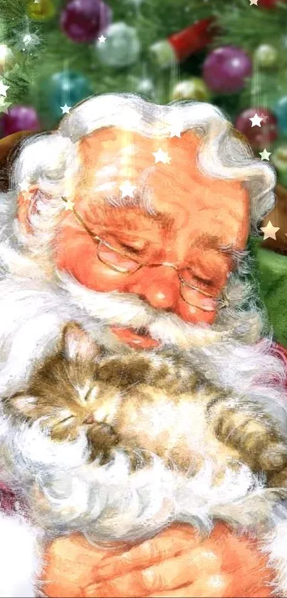 Santa Claus holding a kitten with festive Christmas background.