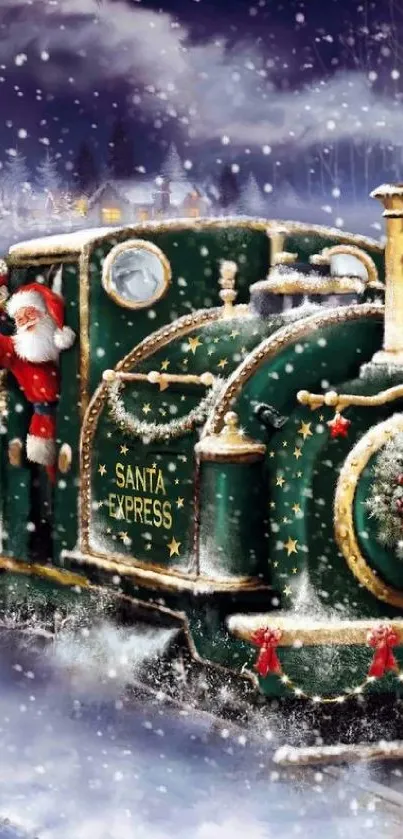 Festive Santa Express train in snowy Christmas scenery.