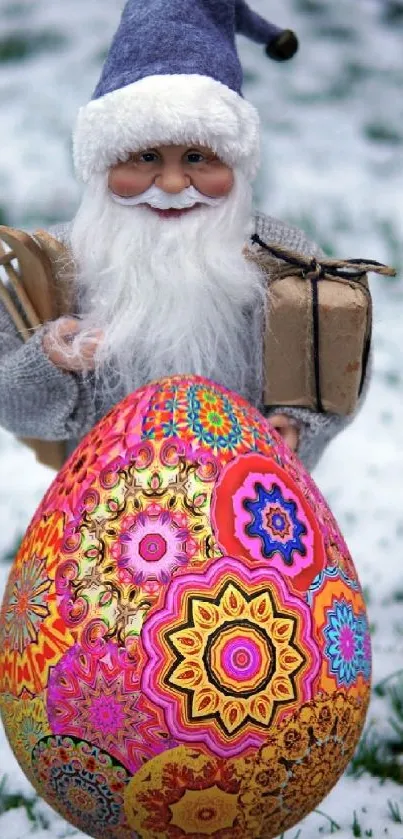 Santa with pink and colorful Easter egg in snowy backdrop.