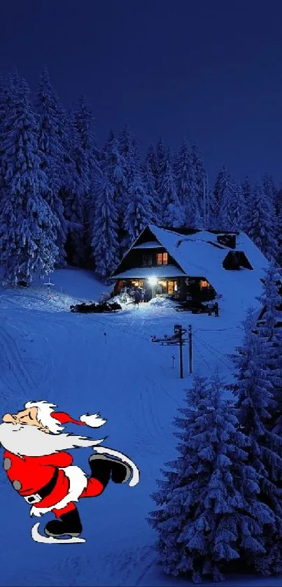 Santa skating in a snowy forest with a cabin under a dark blue sky.