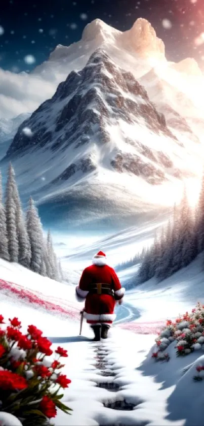 Santa in a snowy landscape with mountains and flowers.