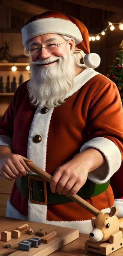 Santa Claus crafts toys in a festive workshop.