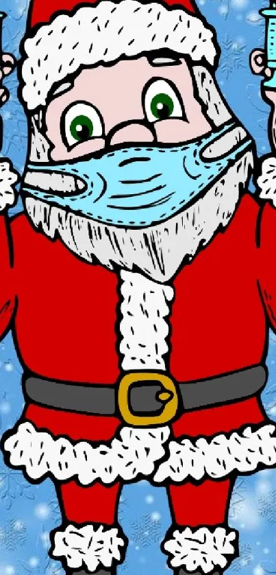 Cartoon Santa in mask with blue background.