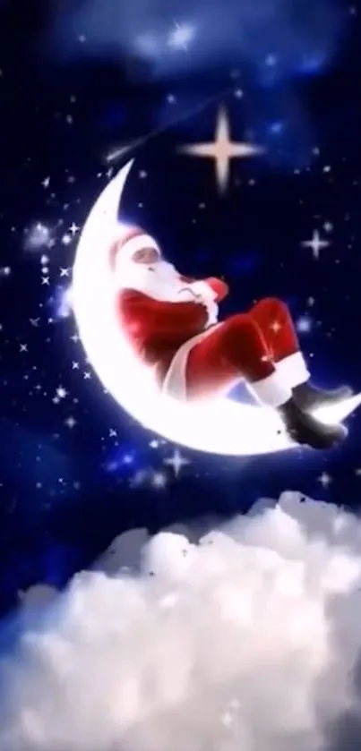 Santa Claus resting on a crescent moon in a starry sky wallpaper.