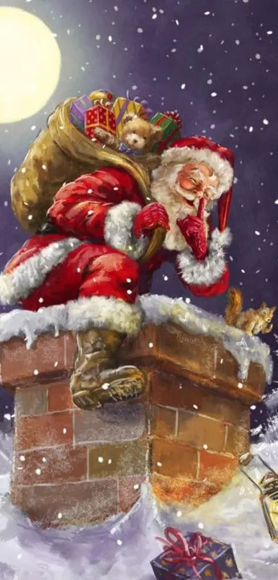 Santa Claus delivering gifts on snowy rooftop at night.