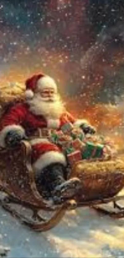 Santa Claus riding a sleigh with gifts in a snowy Christmas scene.