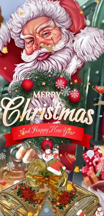 Santa Claus waving from a train holding gifts, with snowflakes falling around.