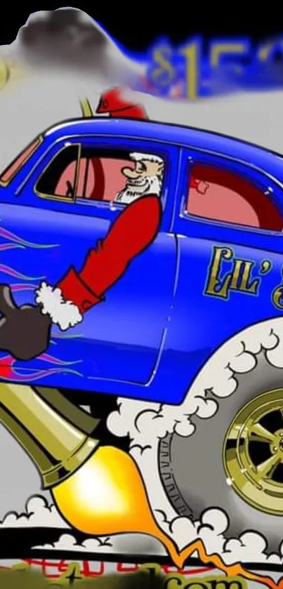 Santa Claus driving a blue cartoon car with a rocket engine in a festive design.