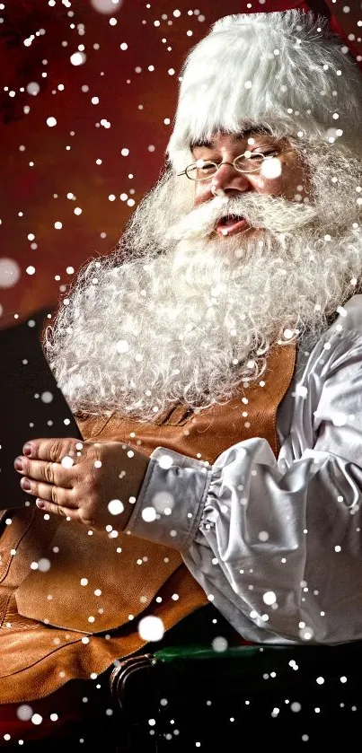 Santa Claus reading a book, seated in a cozy chair.