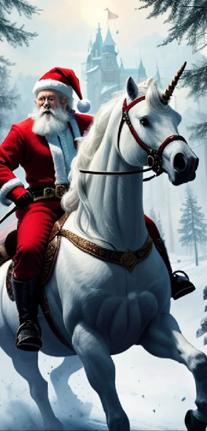 Santa Claus rides a unicorn through a snowy forest, creating a magical Christmas scene.