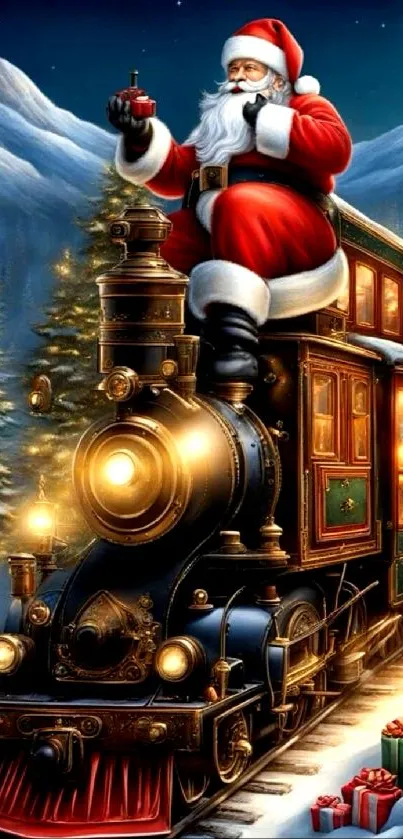 Santa Claus riding a Christmas train with gifts.