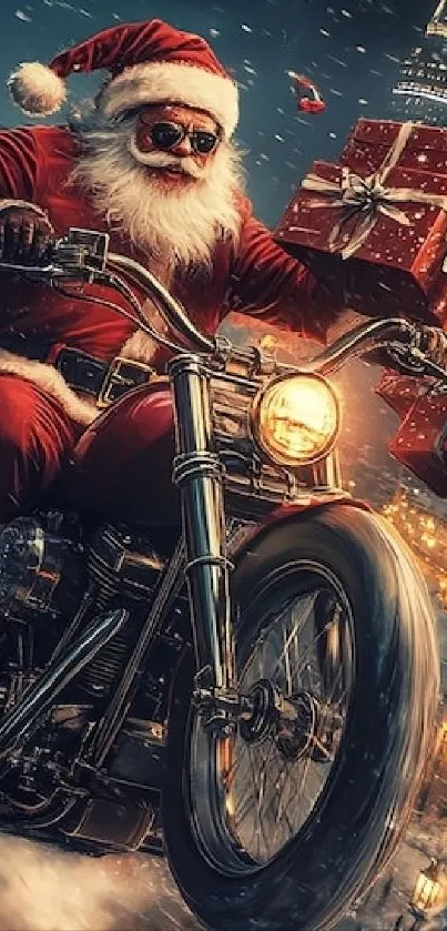 Santa Claus riding motorcycle with gifts in festive scene.