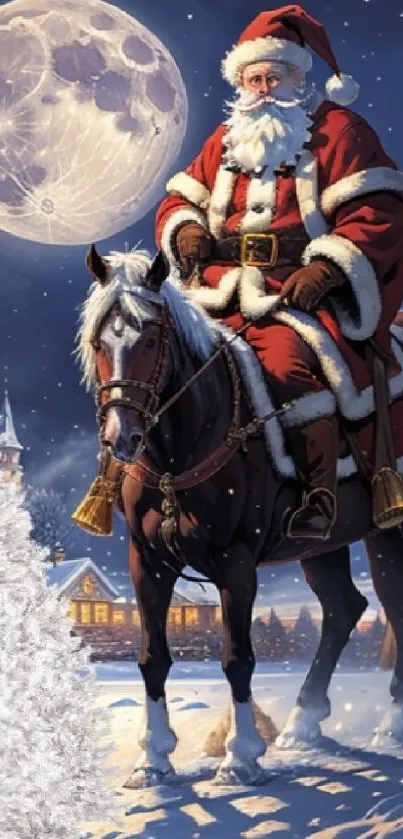 Santa Claus on horseback in snowy night under a full moon.