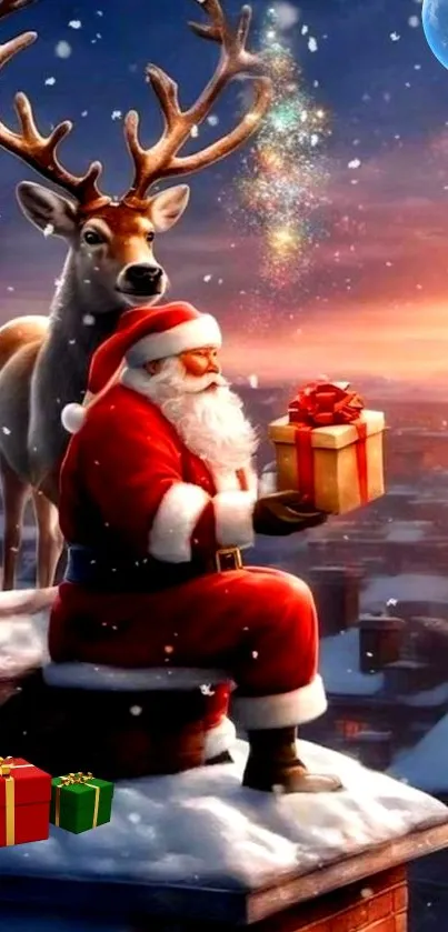 Santa Claus and reindeer on a snowy rooftop with a gift.