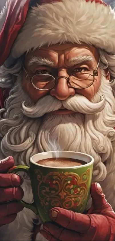 Santa Claus enjoying a warm mug of cocoa in a festive setting.