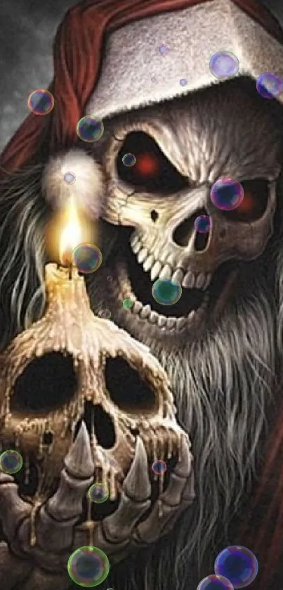 Skull-faced Santa holding a glowing candle in dark-themed art.