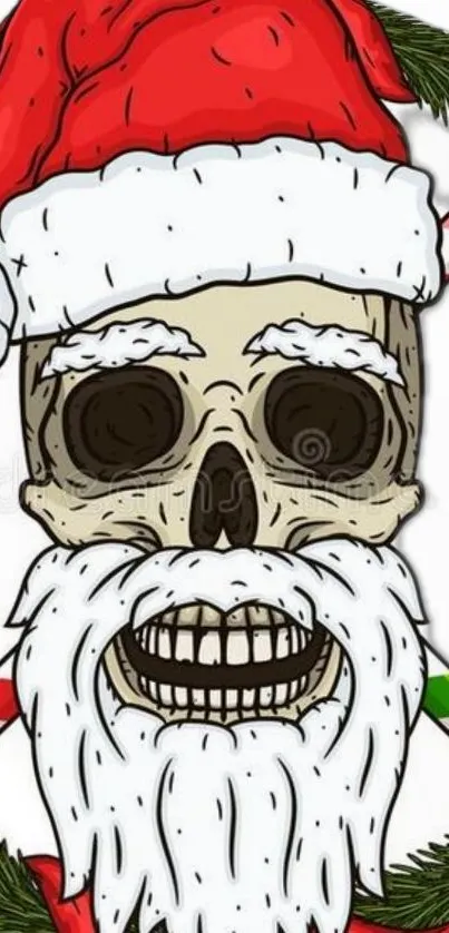 Skull with Santa hat and beard, candy canes background.