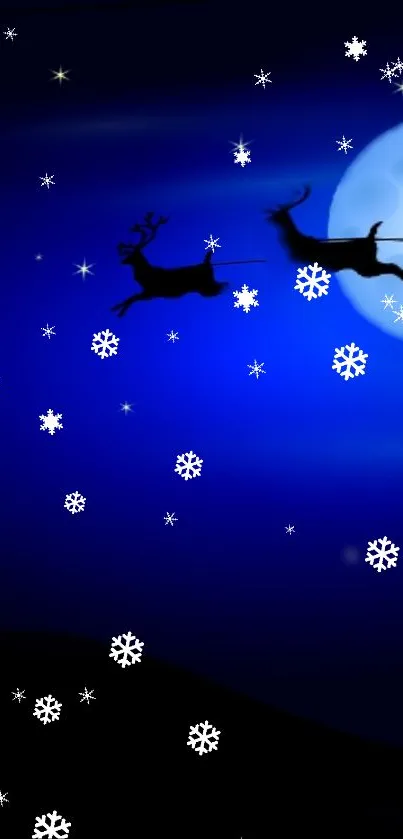 Santa's sleigh silhouetted against a starry night sky with snowflakes.